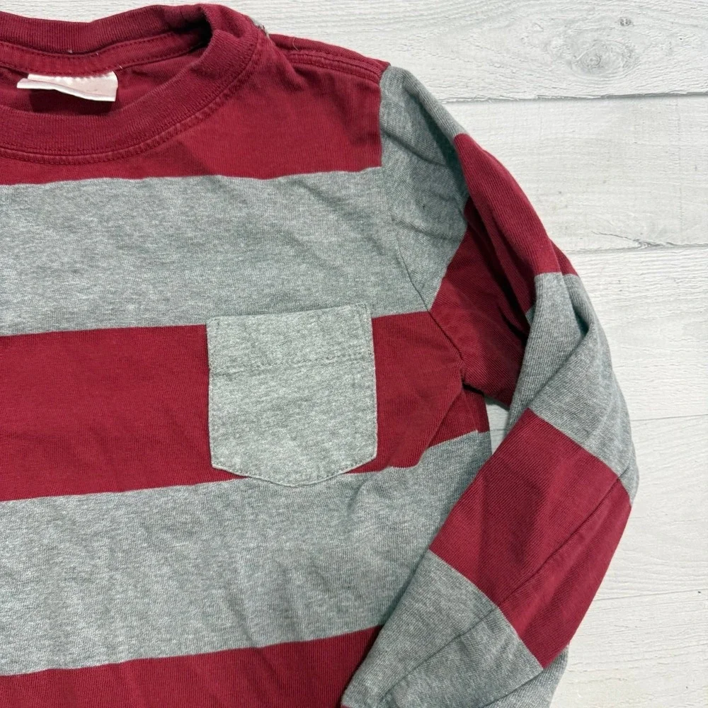 Hanna Andersson boys dark red grey striped long sleeve cotton shirt 120 6/7‎
